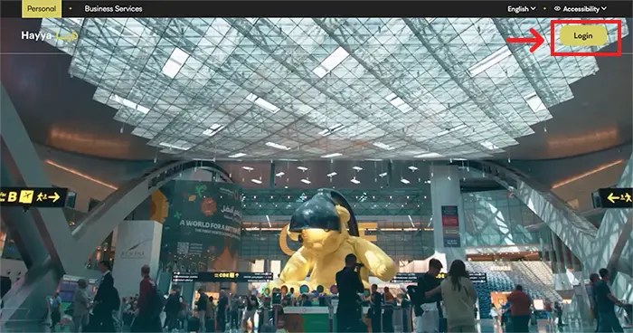 Qatar Tourist Visa (Hayya A1) Requirements & Steps Screenshot of Hayya Portal home page showing login button