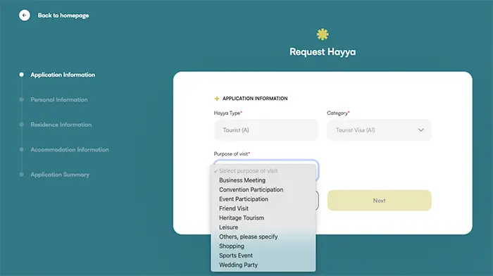 Qatar Tourist Visa (Hayya A1) Requirements & Steps Hayya portal screenshot showing "purpose of visit" options