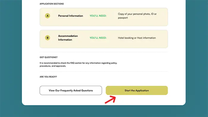Qatar Tourist Visa (Hayya A1) Requirements & Steps Hayya portal screenshot showing "Start The Application" button