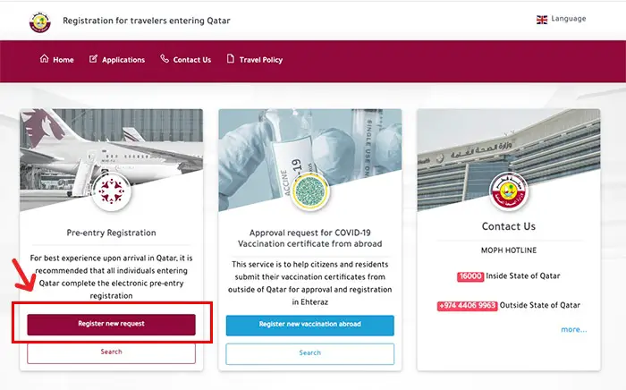 Ehteraz Pre-Travel Registration New Request