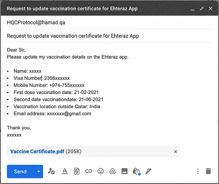 Email To Update Vaccine Details Ehteraz