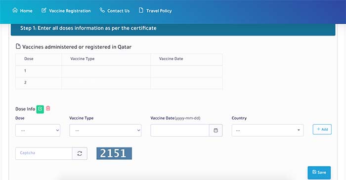 Ehteraz Website Vaccine Details Screen Step 6