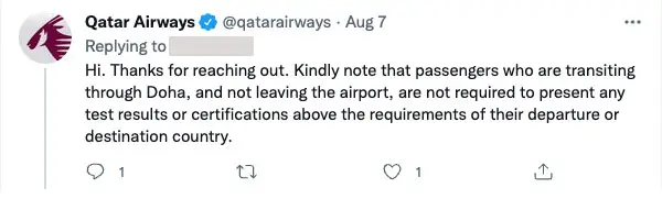 Qatar Airways Tweet About covid test for Transit Passengers