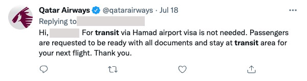 Qatar Airways Tweet About Transit Visa for Transit Passengers