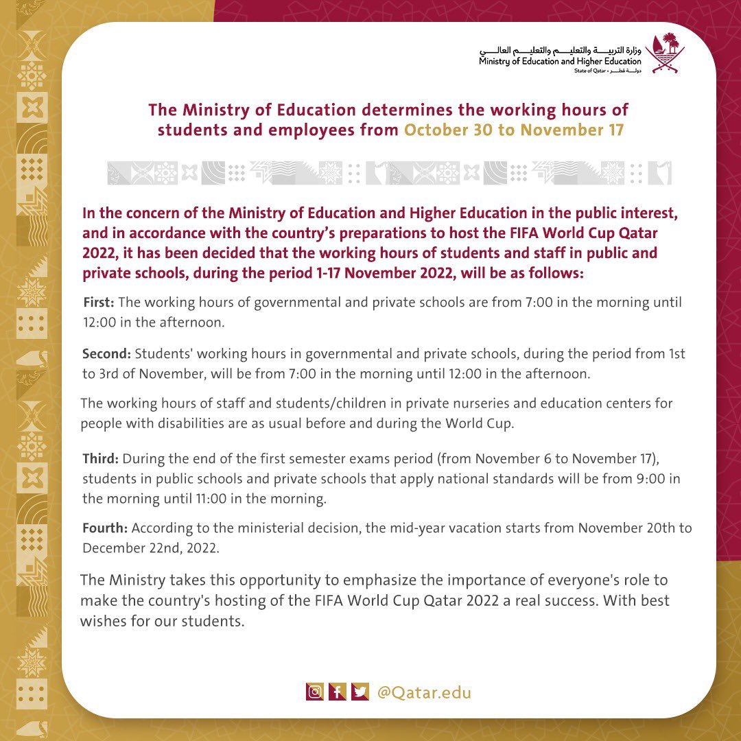 Qatar Working Hours During FIFA World Cup (2022) School Working Hours During FIFA World Cup