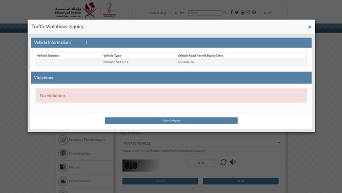 Check Qatar Traffic Violations - Display Result