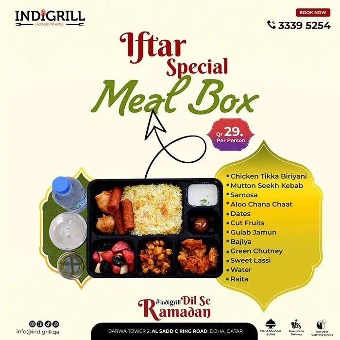Best Iftar Deals in Doha: Iftar Box Kits Under QR 40 IndiGrill Restaurant Iftar Box 2023
