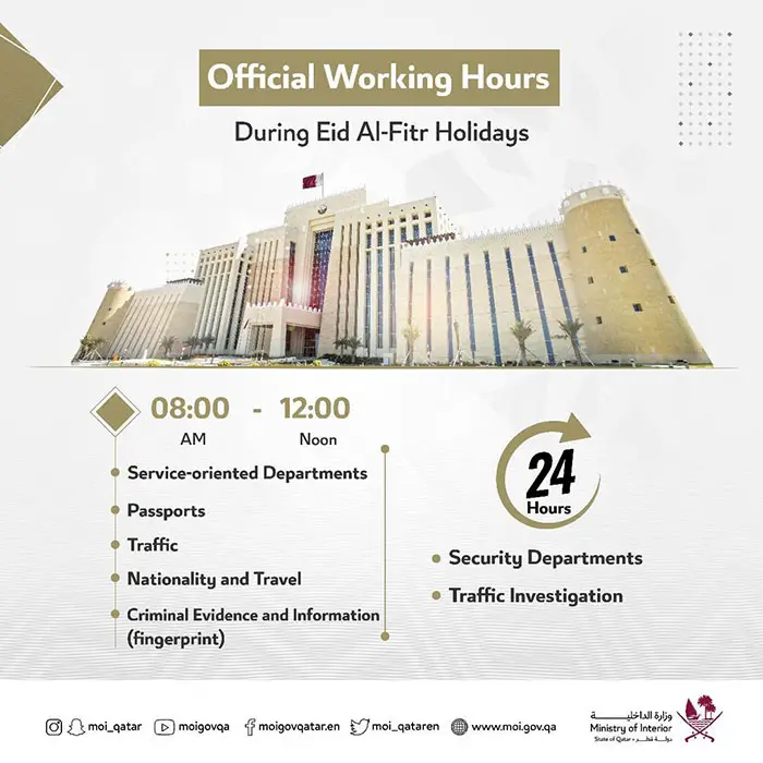 Eid Al Fitr Working Hours And Holidays in Qatar (2023) MOI Working Hours During Eid Al Fitr 2023