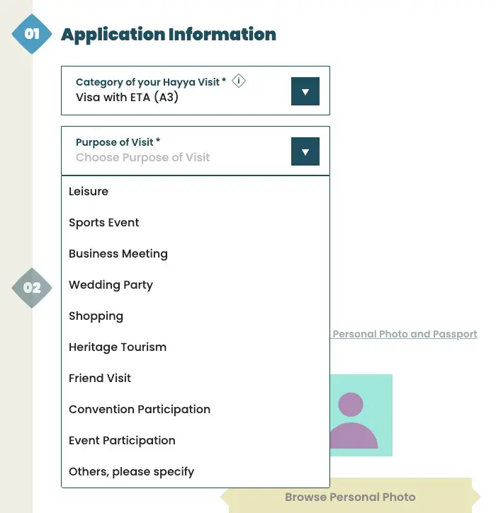 Select your purpose of visit for ETA Visa