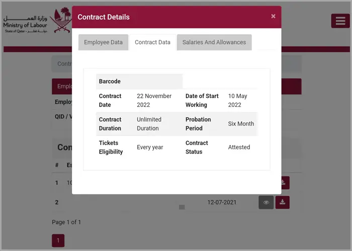 Contract data on labour contract