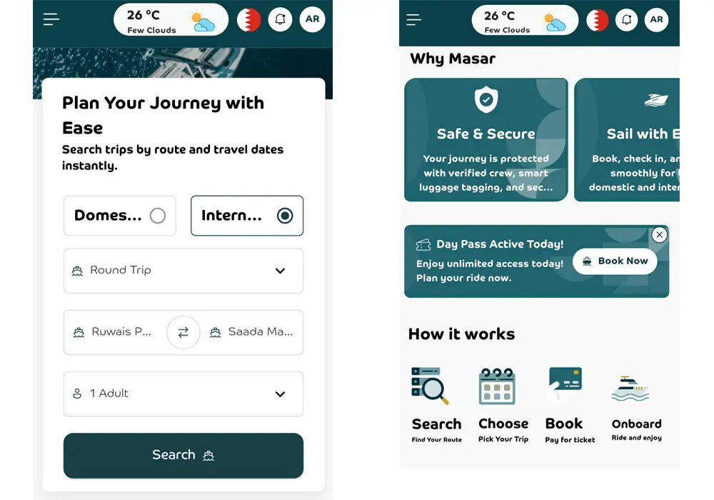 Qatar–Bahrain Ferry: Schedule, Prices, & Travel Tips (2025) Screenshots of MASAR app